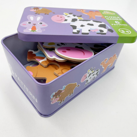 Пазли "Свійські тварини", 6 шт в наборі на 3,4,5,6 елементів  у  металеій коробці, вивчення цифр