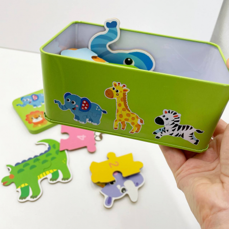 Пазлы "Животные Африки", 6 шт в наборе на 3,4,5,6 элементов в металлической коробке, изучение цифр 