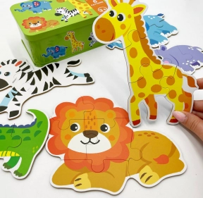 Пазли "Тварини Африки", 6 шт в наборі на 3,4,5,6 елементів  у  металеій коробці, вивчення цифр