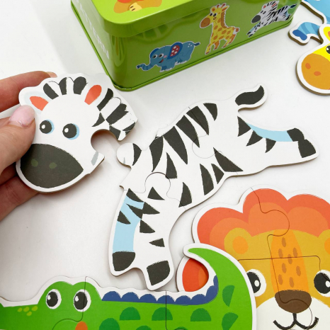 Пазлы "Животные Африки", 6 шт в наборе на 3,4,5,6 элементов в металлической коробке, изучение цифр 