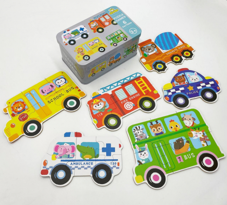 Пазли "Транспорт", 6 шт в наборі на 3,4,5,6 елементів  у  металеій коробці, вивчення цифр