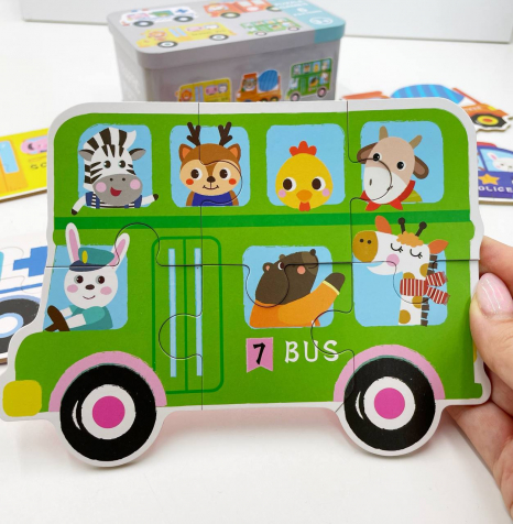 Пазли "Транспорт", 6 шт в наборі на 3,4,5,6 елементів  у  металеій коробці, вивчення цифр