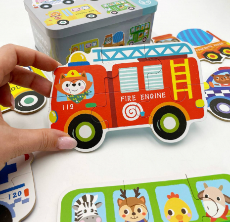 Пазли "Транспорт", 6 шт в наборі на 3,4,5,6 елементів  у  металеій коробці, вивчення цифр