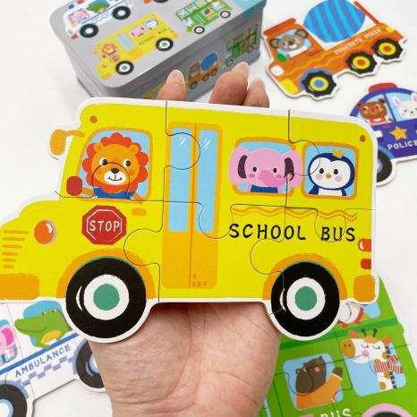 Пазли "Транспорт", 6 шт в наборі на 3,4,5,6 елементів  у  металеій коробці, вивчення цифр