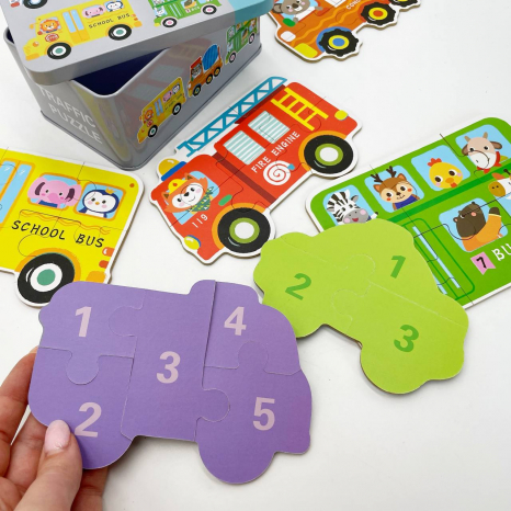 Пазли "Транспорт", 6 шт в наборі на 3,4,5,6 елементів  у  металеій коробці, вивчення цифр