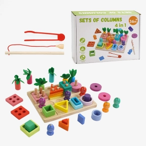 Дошка логічна дерев'яна, 16 деталей з отворами, морква, магнітна рибалка, вудка, щипці C 66007