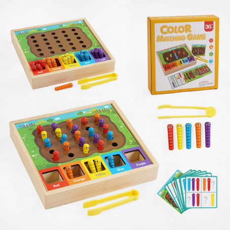Дерев'яний сортер Кольорові черв'ячки із пінцетом та картками завданнями