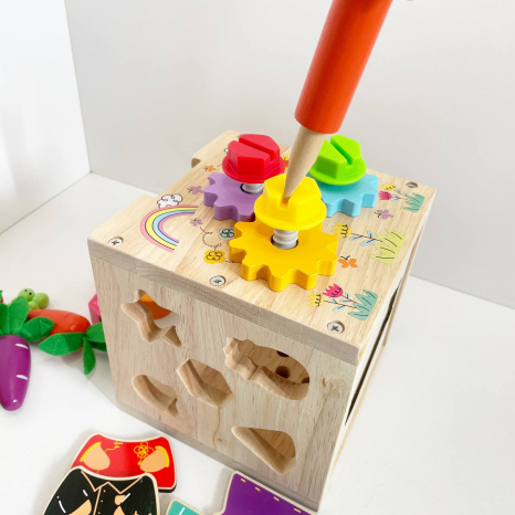 Логічний дерев’яний куб сортер, рухомі шестерні, магнітна гра, пазл-вкладиш, грядка з морквою C 68280
