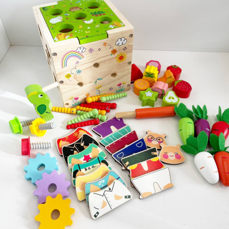 Логічний дерев’яний куб сортер, рухомі шестерні, магнітна гра, пазл-вкладиш, грядка з морквою C 68280
