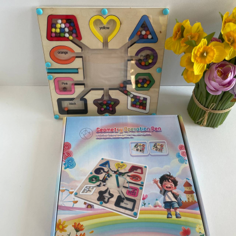 Дерев'яна логічна дошка - сортер зі стилусом Кольорові кульки C 71024 : геометричні фігури, назви кольорів англійською