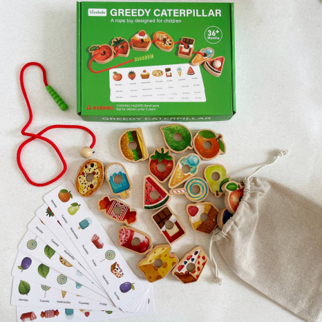 Шнурівка дерев’яна Смаколики 18 елементів, 8 карток із завданнями в текстильному мішечку C 73241