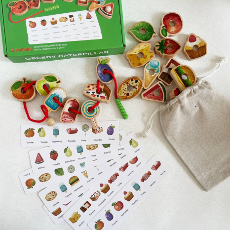 Шнуровка деревянная Вкусняшки 18 элементов, 8 карт с заданиями в текстильном мешочке C 73241