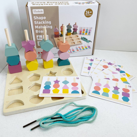 Дерев'яний сортер, пірамідка, рамка-вкладка Геометричні фігури зі шнурівкою, картами