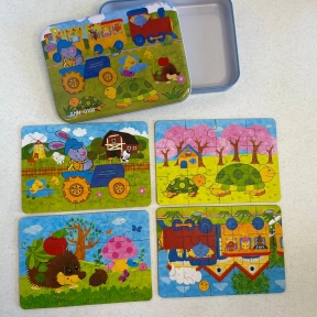 Набір картонних пазлів 4 в 1 в металевій коробці Пригоди тварин (9,12,15,20 елементів) C 73264