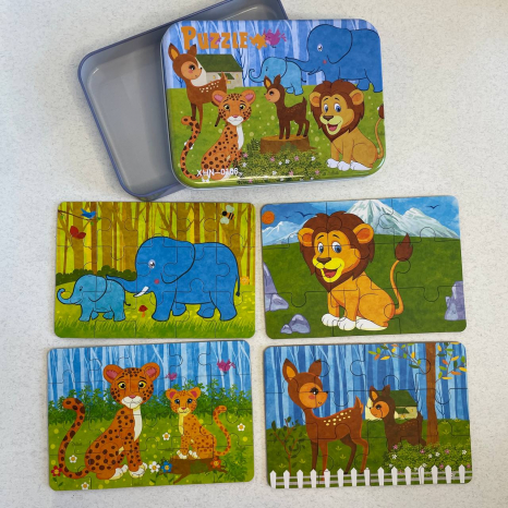 Набір картонних пазлів 4 в 1 в металевій коробці Тварини (9,12,15,20 елементів) C 73264