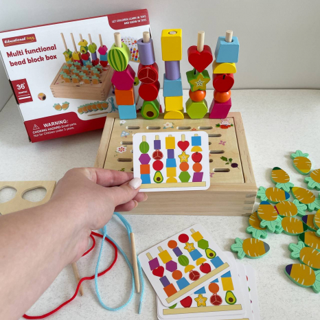 Дерев'яна розвиваюча логічна гра пірамідка - сортер з картками, шнурівкою, грою меморі моркви C 73329