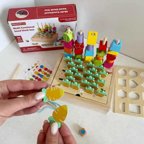 Дерев'яна розвиваюча логічна гра пірамідка - сортер з картками, шнурівкою, грою меморі моркви C 73329