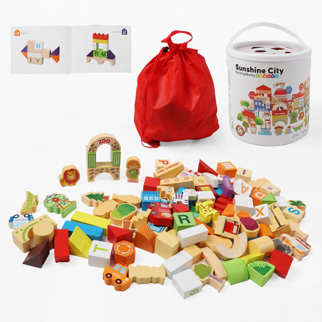 Конструктор дерев’яний Містечко з фігурками тварин, людей, транспорту у відрі