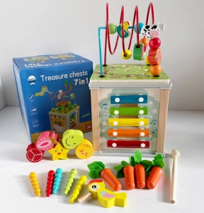 Деревянный логический куб-сортер 7 в 1 с ксилофоном, магнитной игрой, пальчиковой игрой, C 74169