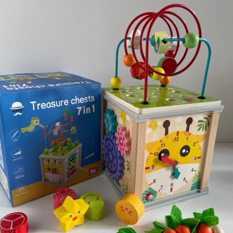 Деревяний логічний куб-сортер 7 в 1 з ксилофоном, магнітною грою, пальчиковим іграмии,  C 74169