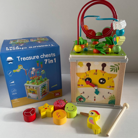 Деревяний логічний куб-сортер 7 в 1 з ксилофоном, магнітною грою, пальчиковим іграмии,  C 74169