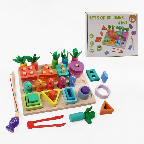 Логічний дерев`яний сортер за кольорами та формами, магнітна риболовля, щипці C 74314