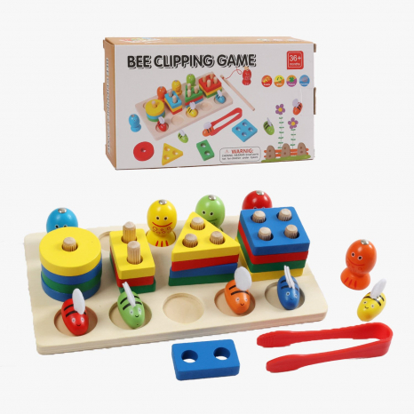 Логическая деревянная игра: пирамидка - геометрик, магнитная рыбалка, сортер пчелки с пинцетом C 745