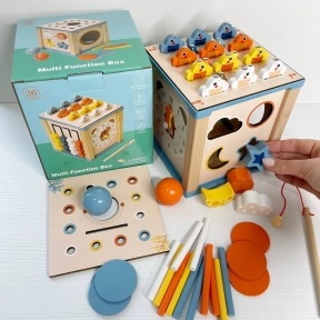 Дерев'яний куб логічнй,годинник, сортер, фігурки, магнітна риболовля, пальчикова гра,  C 75623