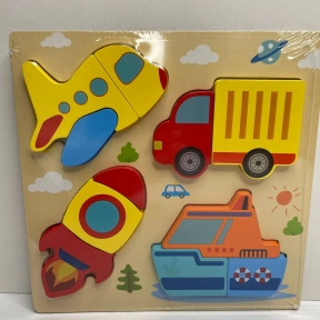 Дерев'яна рамка - вкладка (пазл) Транспорт із обємними фігурами