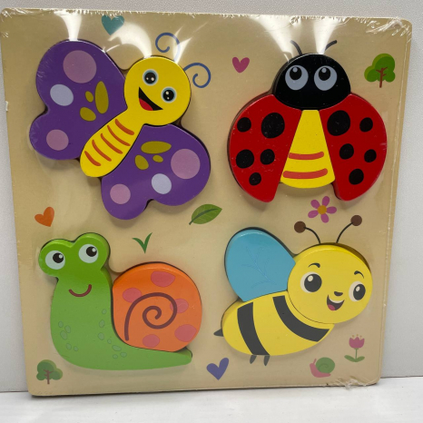 Дерев'яна рамка - вкладка (пазл) Комахи із обємними фігурами
