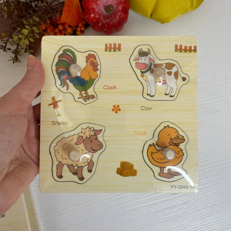 Дерев’яні вкладиші з ручками і підложкою Ферма (півень, корова, вівця, качка) 15х15