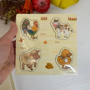 Дерев’яні вкладиші з ручками і підложкою Ферма (півень, корова, вівця, качка) 15х15
