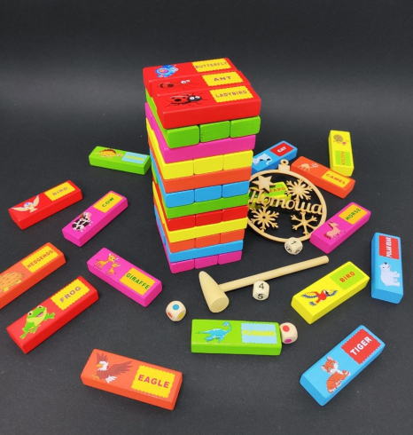 Багатофункціональна настільна гра кольорова Вежа, плашки із тваринами (джанга, дженга, вежа)