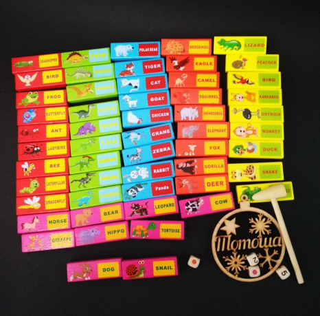 Багатофункціональна настільна гра кольорова Вежа, плашки із тваринами (джанга, дженга, вежа)