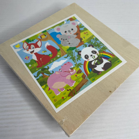 Дерев'яні кубики Тварини: 16 кубиків, 6 зображень - пазлів