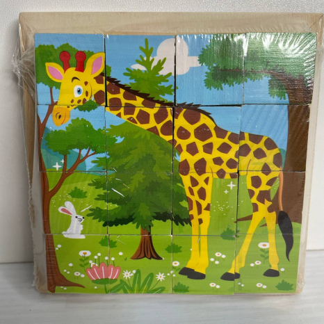 Дерев'яні кубики Дикі тварини: 16 кубиків, 6 зображень - пазлів