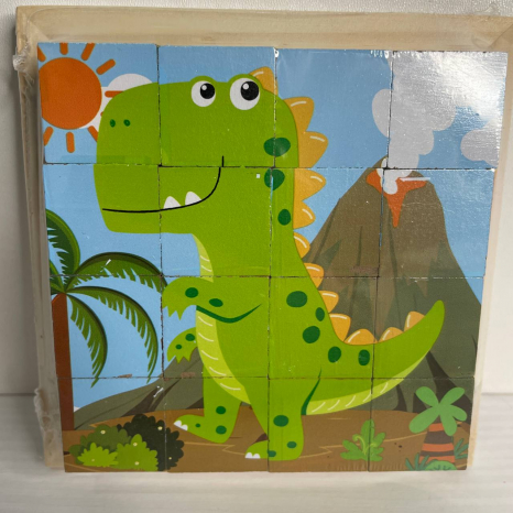 Дерев'яні кубики Динозаври: 16 кубиків, 6 зображень - пазлів