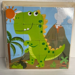 Дерев'яні кубики Динозаври: 16 кубиків, 6 зображень - пазлів