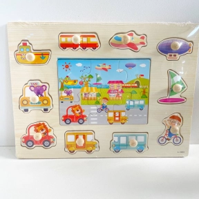 Дерев'яна рамка - вкладка Транспорт з пазлом з ручками та дублюючим малюнком