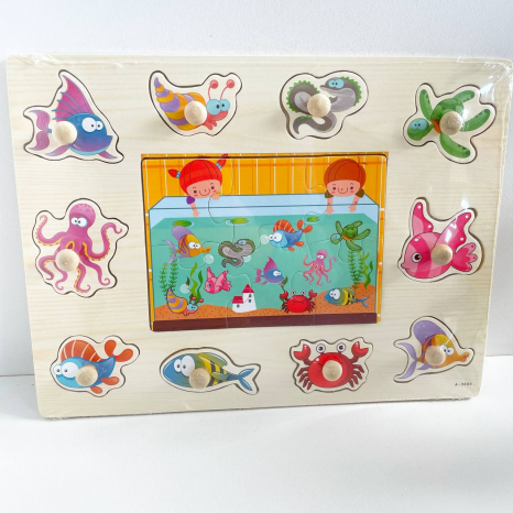 Дерев'яна рамка - вкладка Морські мешканці з пазлом з ручками та дублюючим малюнком