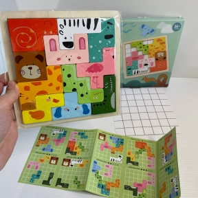 Дерев’яний логічний вкладиш пазл-тетріс Тваринки 19*19см, C9405