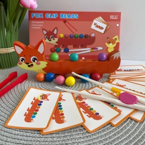 Деревянный сортер с шариками, пинцетом, карточками Лисичка C9423