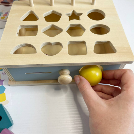 Дерев’яна пірамідка-сортер з геометричними фігурами, картками, шнурівка C9433