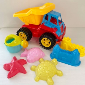 Пісочний набір CH 8819  самоскид, лопатка, граблі, форми для піску, лійка, у сітці