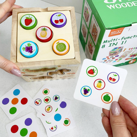 Дерев'яний бізікуб: куб - сортер 8 в 1 (стукалка, магнітна риболовля, моркви, тварини) C 15048