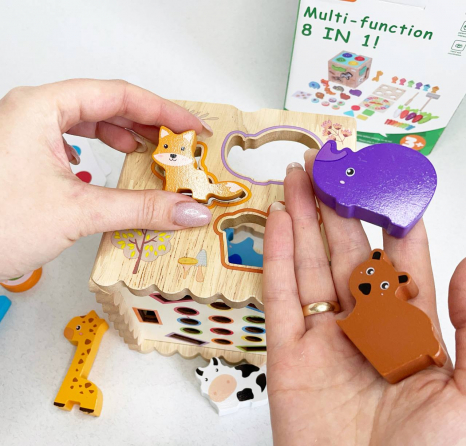Дерев'яний бізікуб: куб - сортер 8 в 1 (стукалка, магнітна риболовля, моркви, тварини) C 15048