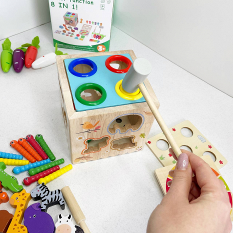 Дерев'яний бізікуб: куб - сортер 8 в 1 (стукалка, магнітна риболовля, моркви, тварини) C 15048
