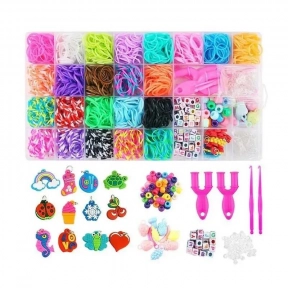Набір резиночок для плетіння 23 кольори, пластикова фурнітура, рогатки, гачки, пластикові карабіни, намистинки, підвіски, інструкція, D 881