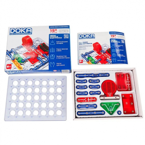 Конструктор електронний DOKA "ПЕРШІ КРОКИ В ЕЛЕКТРОНІЦІ" (Набір В, 15 схем)