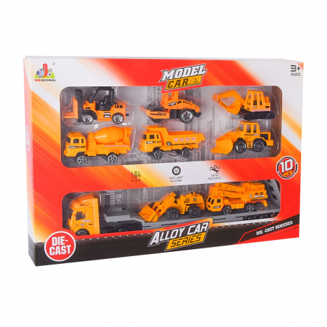 Набір металевих машинок. 9 видів транспорту + причіп до тягача (автовоз). 1:64